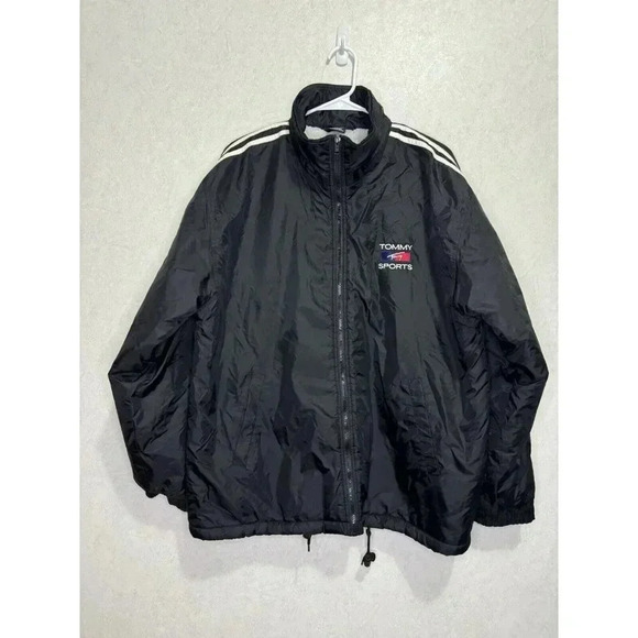 VTG TOMMY HILFIGER Mens Black Nylon Jacket Fleece Lined Medium Spellout Y2k READ - Picture 2 of 15